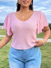 SHEIN MOOSTA 女式大尺碼時尚設計荷葉袖v領針織上衣 - 粉色 - 查看 5