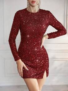 SHEIN Privé Women's Sparkly Sequined Round Neck Slit Dress - Burgundy - View 5