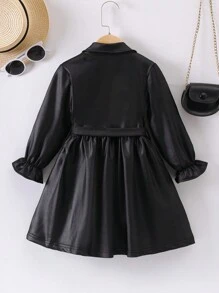 小女孩休閒時尚公主風格襯衫領口口袋連身裙 - 黑色 - 查看 2