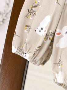 嬰兒女孩可愛兔子和植物和花印花連體衣,帶鈕扣對比領口,彈性長籠罩袖,適合四季穿著 - 卡其色 - 查看 3