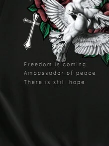 ROMWE MEN Goth 男士抽繩鴿與標語印花長袖連帽衫 - 黑色 - 查看 8