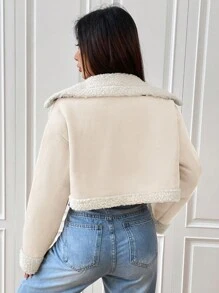 SHEIN EZwear Kurze Pu-lederjacke Mit Pelzkragen Für Damen - Aprikosenfarben - Übersicht 2