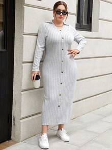 SHEIN Essnce 大碼鈕扣長袖連衣裙 - 灰色 - 查看 5