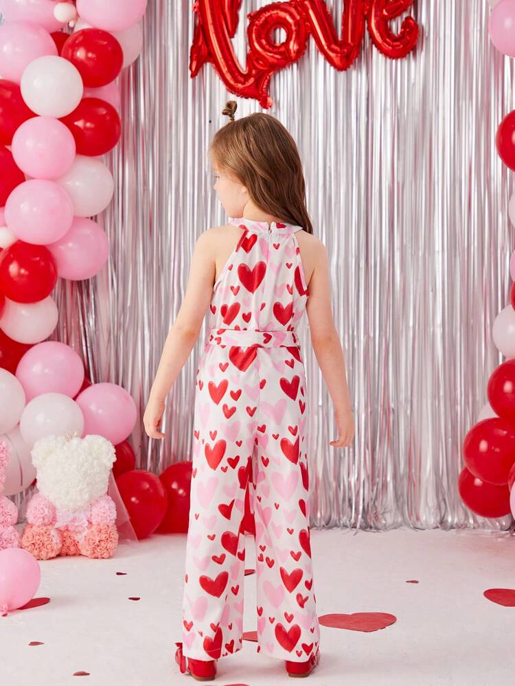 Girls' Heart Pattern Halter Jumpsuit With Belt