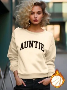 Chiquease Của phụ nữ Lá thư In Thả vai Tay áo dài Áo nỉ - Màu Khaki - Xem 1