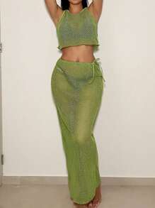 SHEIN Swim 女性空心上衣和覆蓋裙,嘉年華活動服飾 - 橄欖綠 - 查看 1