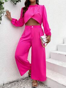 SHEIN Clasi Của phụ nữ Kích thước lớn Màu thuần Đứng cổ áo Tay áo lồng đèn Áo Và Quần ống rộng Bộ - Màu Hồng Tươi - Xem 1