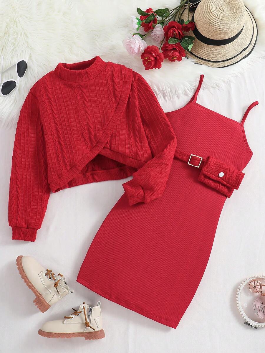 Tween Girls' Wrap Hem Texture Pullover Hoodie And Cami Dress Set With Waist Bag - Burgundy - View 1