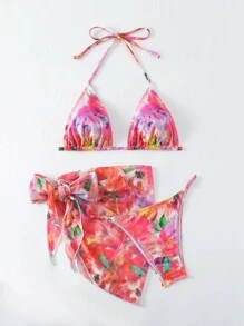 SHEIN Swim Vcay 全印花風格三角比基尼,配有頸掛腰帶情人節 - 彩色 - 查看 6