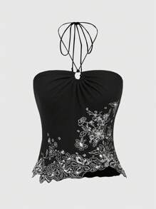 ROMWE Fairycore Vintage Beaded Applique Flower Pattern Halter Top With Round Buckle - Black - View 1