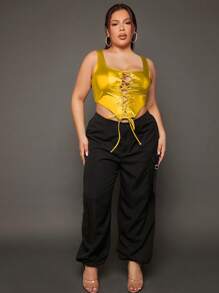SHEIN SXY 大码女式针织上衣，配孔眼领带和不对称下摆 - 青檸色 - 查看 4