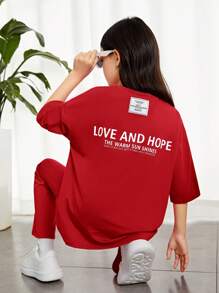 SHEIN Cô gái Tween Giải trí Thoải mái Slogan In Vòng cổ Áo thun Và Quần ống loe Bộ - Đỏ - Xem 6