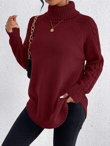 SHEIN LUNE 純色高領套頭連衣襯衫,線條寬鬆袖休閒毛衣 - 酒紅色 - 查看 6