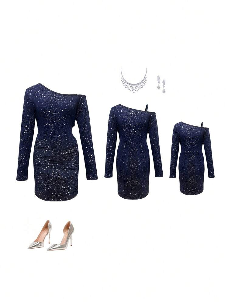 Long Sleeve Short Women's Bodycon Dress - Navy Blue - View 8