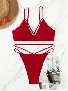 Solid Color Hollow Out Two Pieces Bikini Set New Year Summer Beach - Red - View 7
