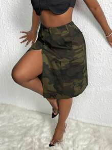 Slaydiva 迷彩工裝不對稱性感搭扣&開叉細節半身裙 - 彩色 - 查看 3