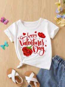 SHEIN Young Girl Rose & Heart Valentine's Day Slogan Print T-Shirt - White - View 1