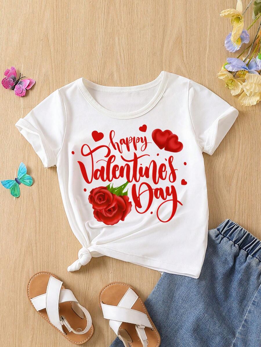 SHEIN Young Girl Rose & Heart Valentine's Day Slogan Print T-Shirt - White - View 1