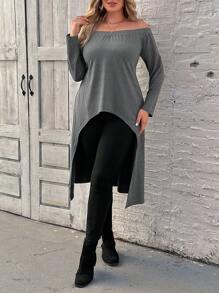 SHEIN LUNE 女士大尺碼純色圓領不對稱下擺短袖t恤 - 灰色 - 查看 5