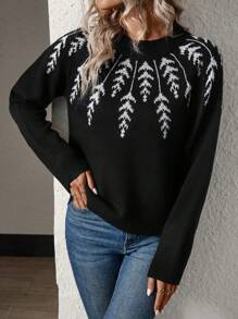 SHEIN Essnce 長袖圖案毛衣 - 黑色 - 查看 4