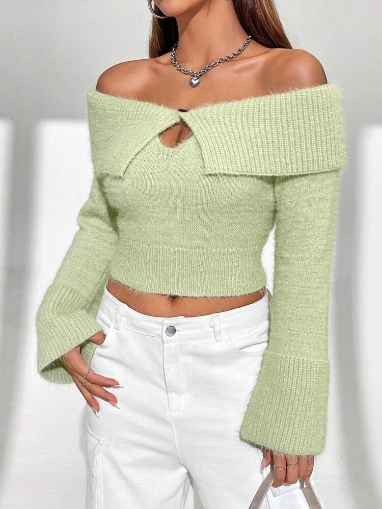 SHEIN Unity 女士露肩翻领针织套头衫秋冬毛衣 - 綠色 - 查看 3