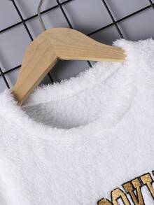 男士字母刺繡圓領絨面長袖上衣和格紋褲子套裝 - 白色 - 查看 7