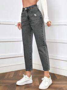 SHEIN EZwear 高腰水洗牛仔褲 - 灰色 - 查看 5