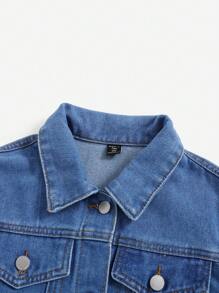 SHEIN Teenage Girls' Letter Printed Denim Jacket - Medium Wash - View 4