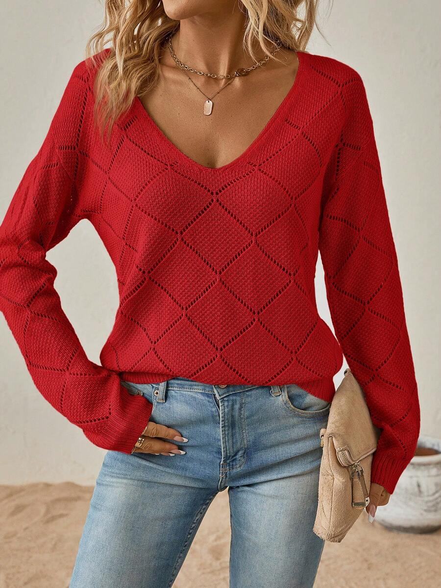 SHEIN Clasi Women's V-Neck Drop Shoulder Sweater,Long Sleeve Tops In Fall/Winter - Red - View 1