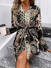 SHEIN Clasi 女款鏈條印花缺口領連身裙 - 彩色 - 查看 6