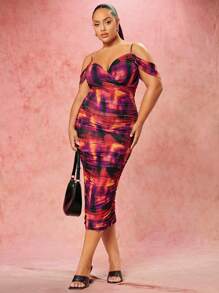 SHEIN BAE Ngày lễ tình nhân Trừu tượng In Lưới Xếp li Máy treo Kích thước lớn Dài Đầm - Nhiều màu - Xem 5