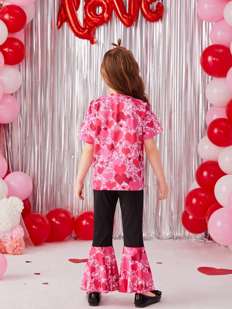 Little Girls' Heart Printed T-shirt And Flared Pants Two Piece Set