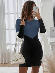 SHEIN Clasi Khối màu Đầm Áo len - Màu xanh lam - Xem 4