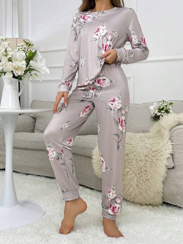 Floral Printed Long Sleeve Top And Pants Pajama Set, Fall Winter Clothes Cozy And Elegant Details