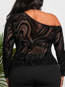 Slaydiva Plus Size Asymmetrical Collar Plush Mesh T-Shirt - Black - View 4