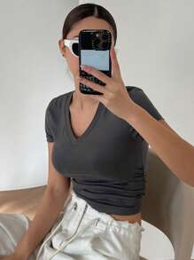 DAZY Của phụ nữ Ngắn Quần skinny Áo thun Với Chi tiết xếp nếp - Màu xám đen - Xem 6