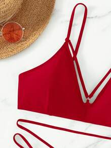 Solid Color Hollow Out Two Pieces Bikini Set New Year Summer Beach - Red - View 4