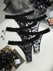 5pcs/Pack Plus Size Lace Patchwork Panties - Black and White - View 3