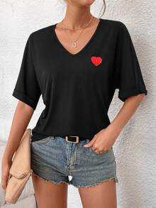 SHEIN LUNE 女士愛心刺繡羅紋t卹 - 黑色 - 查看 3
