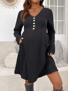 SHEIN 孕婦長袖 V 領連身裙 - 黑色 - 查看 4