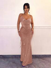 SHEIN SXY 女性優雅無袖露背玫瑰金美人魚亮片背心連衣裙 - 香檳色 - 查看 5