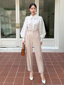 SHEINNeu High-Waisted Slant Pocket Trousers - Khaki - View 3