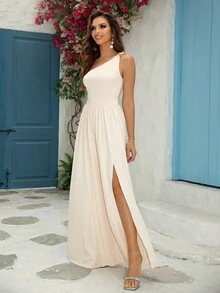 Joyfunear 女士纯色不对称领口高开叉派对连衣裙 - 杏色 - 查看 3