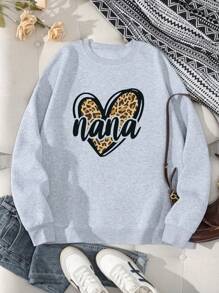SHEIN EZwear Plus Size Leopard Print Heart & Letter Patterned Thermal Lined Sweatshirt For Winter - Light Grey - View 1