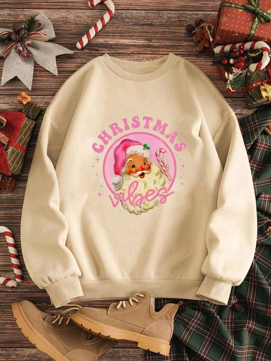 Calvaya Kích thước lớn Giáng sinh In Thả vai Áo nỉ - Màu be - Xem 1