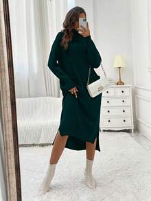 SHEIN LUNE 女士單色高領蝙蝠袖毛衣連衣裙,側開衩設計 - 墨綠色 - 查看 4