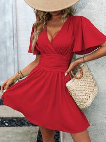 EMERY ROSE Wrap Neckline Flared Sleeve Dress For New Year Clothes - Red - View 5
