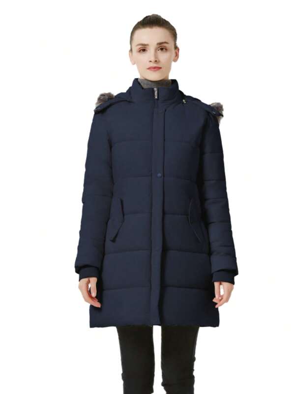 Women'S Winter Padded Coat, MidLength Thick Hooded Padded Jacket With