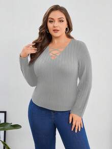 SHEIN Privé Plus Size T-Shirt Cross Strap Ribbed Tee - Grey - View 7