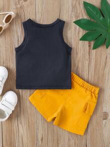 男寶寶時尚休閒沙灘度假風印花背心短褲套裝附口袋春夏